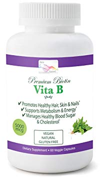 Pure High Potency Vegan Biotin Plus Scalp Massager – Vitamin B7 5000 mcg Hair and Nail Growth Supplement for Men and Women – Promotes Strong Healthy Hair, Nails and Skin - Reduces Hair Loss - 60 caps