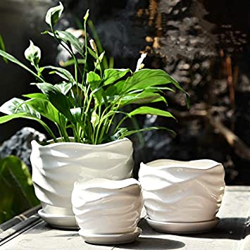 Mecai White Ceramic Garden Orchid Flower Pot with Saucer,Succulent Cactus Planter Pot with Drainage Indoor Outdoor 4 6 7 inch Set of 3