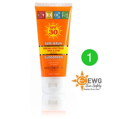 Sun'n'Fun Broad Spectrum Natural Mineral Sunscreen for Kids SPF 30, with Antioxidants, Marshmallow and Chocolate, 3.3oz, BEST SUNSCREEN FOR THE FAMILY. 20% Zinc. Exp. 4/18.