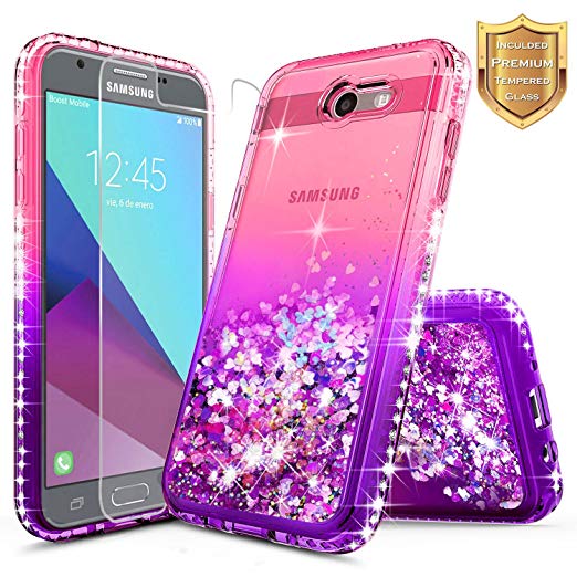 Galaxy Luna Pro Case, J3 Prime, J3 Eclipse, J3 Emerge, J3 Mission w/[Tempered Glass Screen Protector], NageBee Glitter Liquid Quicksand Flowing Diamond Cute Case for Samsung J3 2017 -Pink/Purple