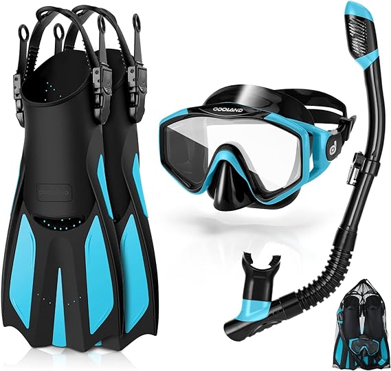 Odoland Snorkel Set, Adults Snorkeling Packages with Dry Top Diving Mask, Adjustable Swim Fins, Mesh Bag, Anti-Fog Anti-Leak Snorkeling Gear for Men Women