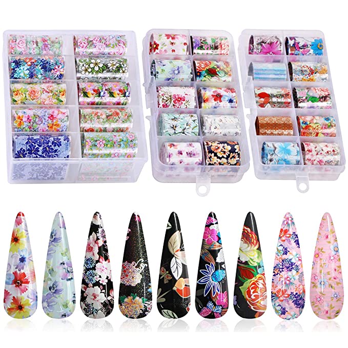 30 Color Nail Foil Transfer Sticker, Kissbuty Holographic Flower Nail Art Stickers Tips Wraps Foil Transfer Adhesive Glitters Acrylic DIY Nail Decoration, 3 Boxes (Starry Flowers Roses)