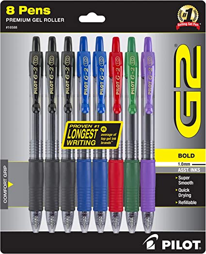 Pilot G2 Premium Refillable And Retractable Gel Ink Pens, Bold Point (1.0mm), 5 Colors, 8 Count (16588)