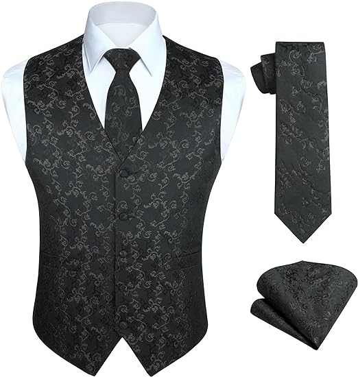 HISDERN Men's Paisley Floral Jacquard Waistcoat & Necktie and Pocket Square Vest Suit Set Wedding Party