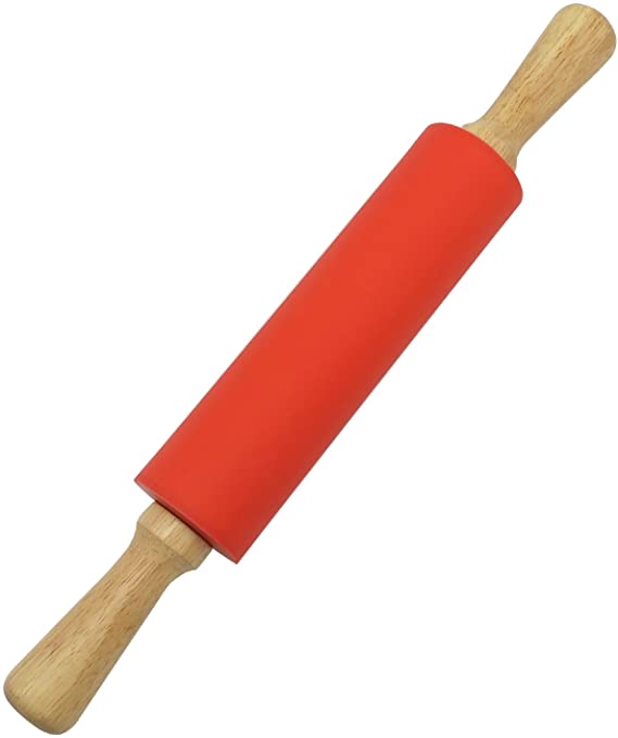 JamHoo Non-stick Rolling Pin Silicone Surface for Rolling Dough - Large Size,7.9 x 2-inches (Total Measurement 15 x 2-inches) (Red)