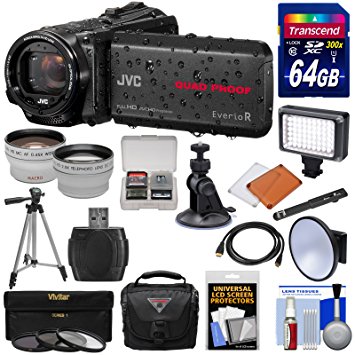 JVC Everio GZ-R550 Quad Proof Full HD 32GB Digital Video Camera Camcorder   64GB Card   Suction Cup Mount   Case   LED Light   3 Filters   Tripod   Tele/Wide Lens Kit