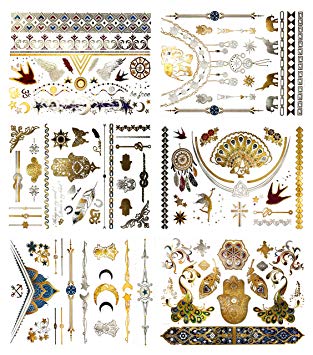 Metallic Color Temporary Tattoos Jewelry - 75 Celestial Moon Stars Feathers Designs (6 Sheets) Terra Tattoos Luna Collection