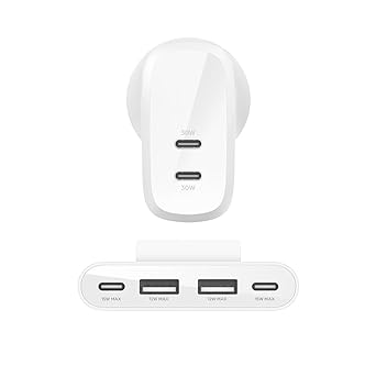 Belkin Fast Charging 60W (30w   30W) Dual USB-C PPS Wall Charger with 4-Port (2 USB-C & 2 USB-A) 2 Meter Power Extender - White