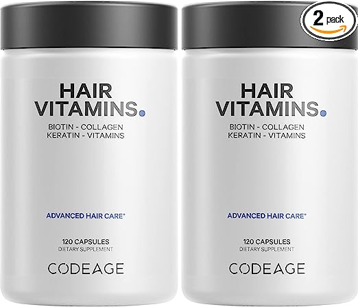 Codeage Hair Vitamins 10000 mcg Biotin, Keratin, Collagen, Vitamin A, B12, C, D3, E, Zinc, Inositol - Hair Care Support for Strength, Thickness Growth - Healthy Hair Supplement Pills - 2 Pack