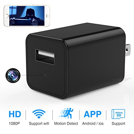 WiFi Camera, 1080P HD USB Wall Charger Camera Wireless AC Adapter Home Security Cam with Motion Detection, App Control for iPhone, iPad, Android, Samsung Galaxy and More