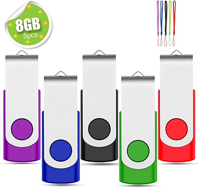 EASTBULL USB Memory Stick 8GB 5 Pack USB 2.0 Stick Swivel Design USB Pen Flash Drive Fold Storage (5 Mixed Color With Lanyard)