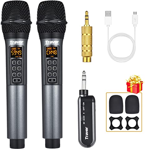 Travor UHF Dual Wireless Handheld Dynamic Microphone with Adjustable Echo, Volume, Channel, Rechargeable Receiver for Karaoke Singing, Wedding, Amplifier, Speech, Party, 164 ft