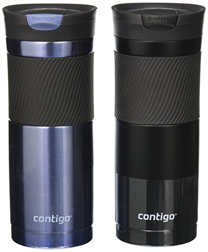 Contigo Snapseal Vacum Insulated Stainless Steel Travel Mug , 20-Ounce, Matte Black/Placid blue, 2-Pack