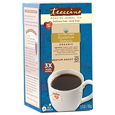 Teeccino Dandelion Tea - Organic Turmeric - Roasted Herbal Tea, Organic Dandelion Root, Prebiotic, Caffeine Free, Gluten Free, Acid Free, 25 Tea Bags