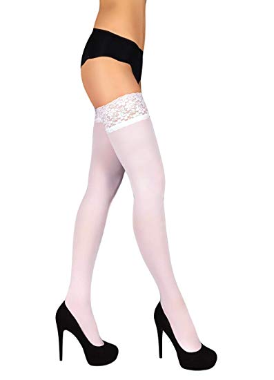THIGH HIGH Opaque Lace Top Silicone Stockings Nylon Hosiery 40 Den S - XL