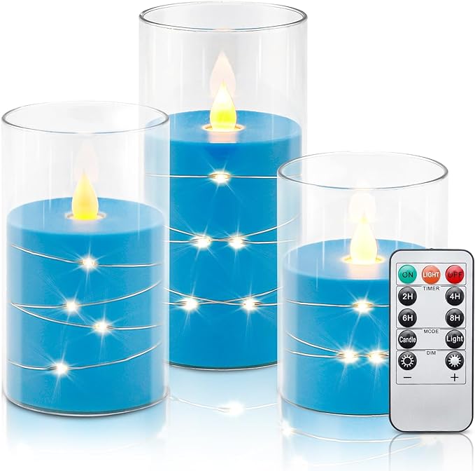 Aignis Flickering Flameless Candles Battery Operated Candles Recessed String Light LED Candles Unbreakable Plexiglass Candles with Remote Timer 3D Flame Set of 3 Sky Blue (D3 xH4 5" 6")