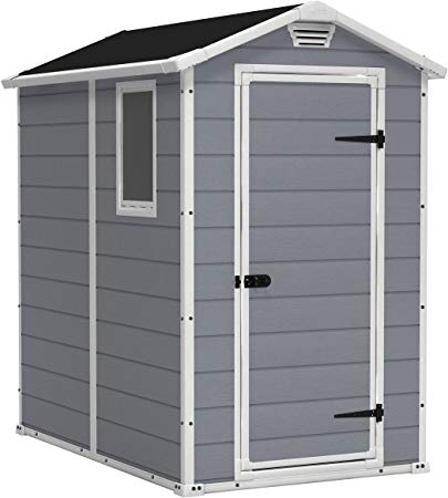 KETER Manor 4x6 Resin Outdoor Shed Kit for Garden, Patio Furniture, and Bike Storage, Grey, 4 by 6, Gray/White