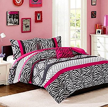 Comforter Bed Set Teen Kids Girls Pink Black White Animal Print Polka Dots Bedding Set (Full/queen)