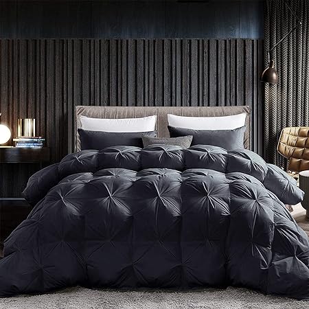 Luxurious Goose Down Feather Fiber Comforter, Exquisite Pinch Pleat Design, Black 108 x 98 , 100% Egyptian Cotton, 75 oz Fill Weight, Black,Oversize Cal King