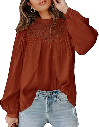 BTFBM Women's Fall Tops 2024 Crewneck Lace Crochet Casual Long Sleeve T Shirts Loose Chiffon Solid Blouses