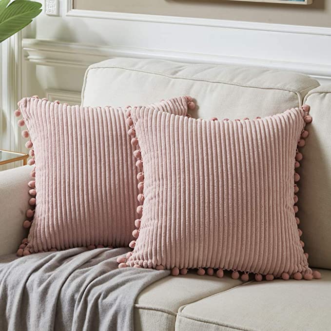 Fancy Homi Pack of 2 Blush Pink Decorative Throw Pillow Covers with Pom-poms, Soft Corduroy Solid Square Cushion Cases Set for Couch Sofa Bedroom Car Living Room (16x16 Inch/40x40 cm, Blush Pink)