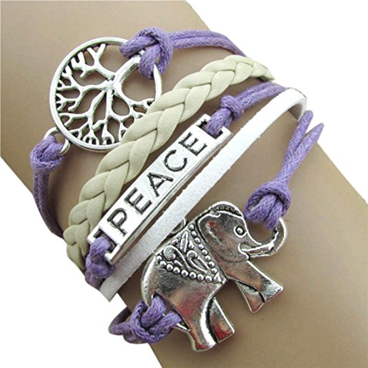 Fullkang Handmade Charms Peace Tree Elephant Knit Leather Rope Chain Bracelet Gift