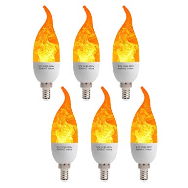 6 Pack LED Fire Flicker Flame Candelabra Light Bulb, E12 2W Flickering Effect 3 Lighting Modes Simulated Emulation/General/Breathing, for Indoor Outdoor Decorations Home Hotel Bar Party - Bent Tip