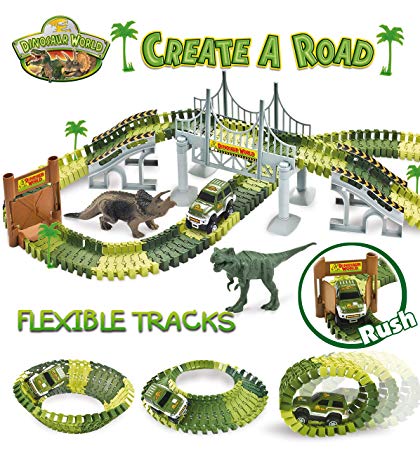 STNTUS INNOVATIONS Dinosaur Toys, Build and Create a Road in Jurassic World, 142 Flexible Race Tracks with Battery Operated Car, Bridge and 2 Dinosaurs, Awesome Birthday Gifts for Boys & Girls
