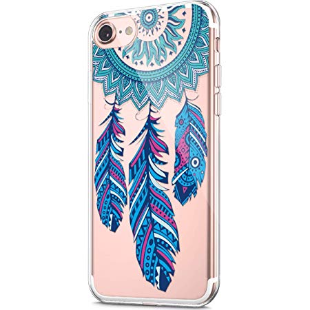 ikasus Case for iPhone 8 / iPhone 7 Case,Clear Art Panited Pattern Design Soft & Flexible TPU Ultra-Thin Transparent Flexible Soft Rubber Gel TPU Protective Case Cover,Blue Feather dream catcher