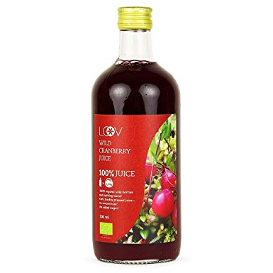 Wild Cranberry Organic Juice: 500ml by LOOV, 100% from Directly Pressed Organic Cranberries, Contains polyphenols, no Sugar Added, no Water Added, no additives, Wild-Crafted from Forests