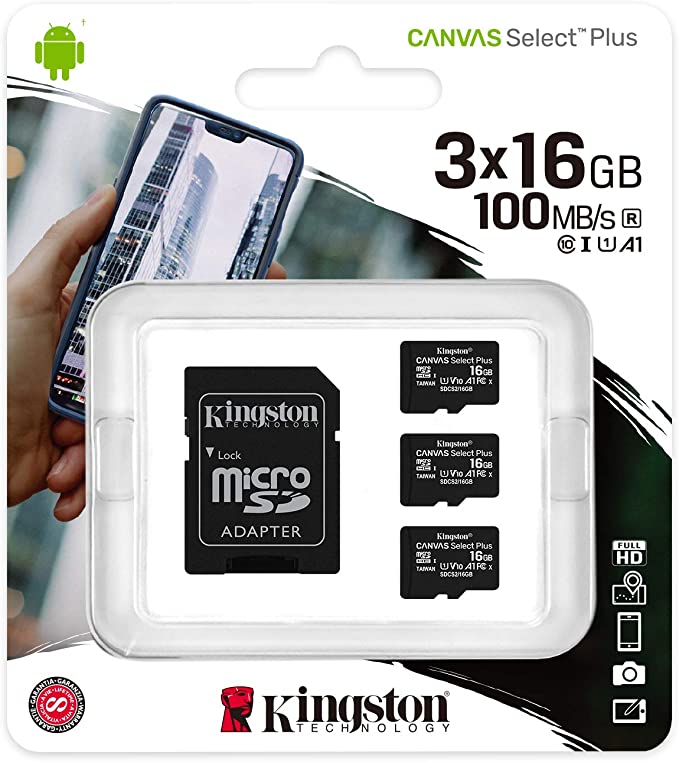 Kingston 16GB micSDHC Canvas Select Plus 100R A1 C10 Three Pack   Single ADP (SDCS2/16GB-3P1A)