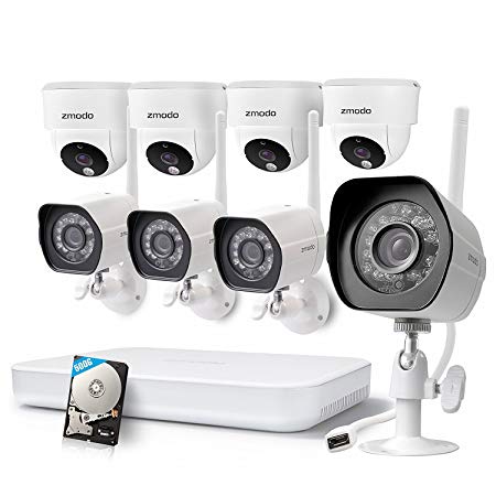 Zmodo 1080p HD 8CH NVR WiFi System 4x1.0 Megapixel Wide Angle Indoor Wireless Security Camera and 4x Outdoor Wireless Camera, w/500GB HDD, Web Access (Certified Refurbished)