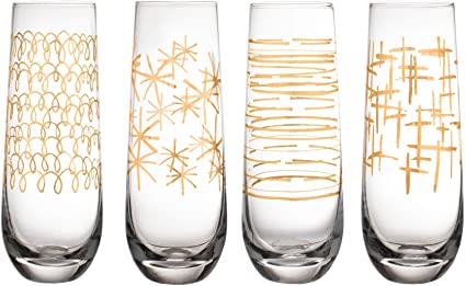 Fifth Avenue Crystal 229469-4SFL Festive Set of 4 Lead-free Stemless Champagne Flutes, 2.4x6.3", Gold