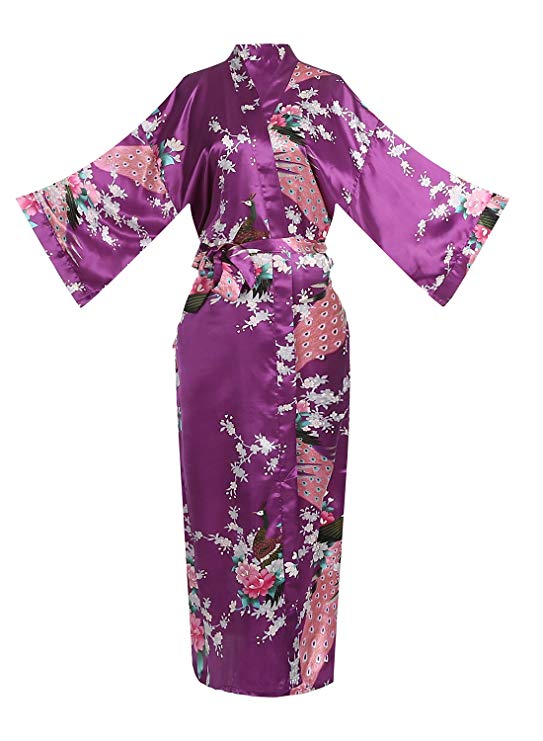 ellenwell Women's Kimono Long Robe - Peacock & Blossoms Long Kimono Robe