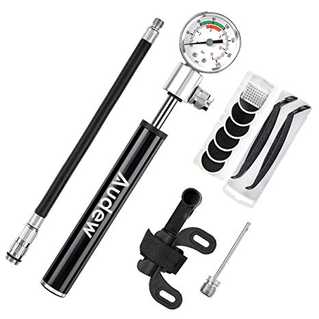 Audew Mini Bike Pump - 7.8Inches Portable and Lightweight Bicycle Air Pump with Gauge - 210Psi Presta and Schrader Valve for Mountain Bike, Ball, Inflatable Toy - Including Puncture Tire Repair Kit