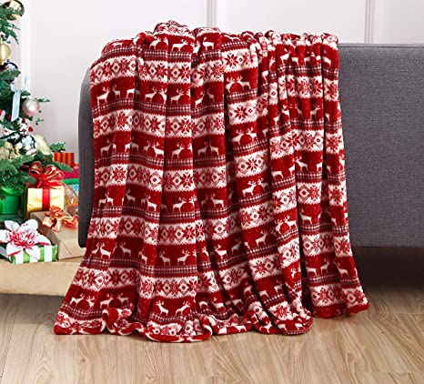 Elegant Comfort Velvet Touch Ultra Plush Christmas Holiday Printed Fleece Throw/Blanket-50 x 60inch, (Double Deer)