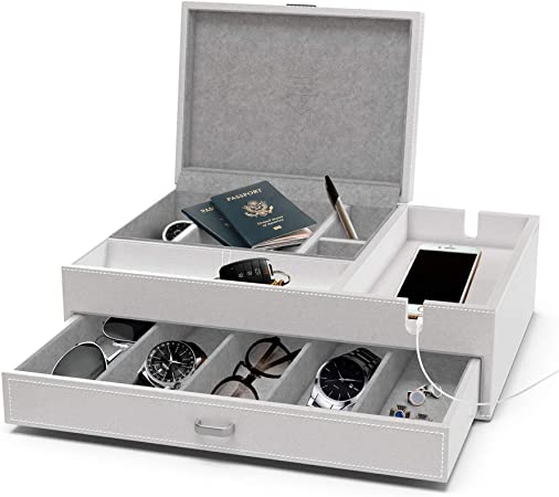 HOUNDSBAY Admiral Big Dresser Valet Box & Mens Jewelry Box Organizer with Large Smartphone Charging Station (White)
