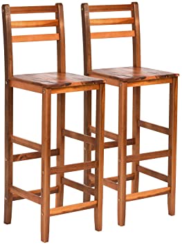 COSTWAY Set of 2 Solid Wood Bar Stool, Counter Height Stool, Acacia Bar Chair Set, with Foot Brace Bar, Protective Backrest, Stable Legs, Ideal for Kitchen, Café, Restaurant, Bar and Outdoor