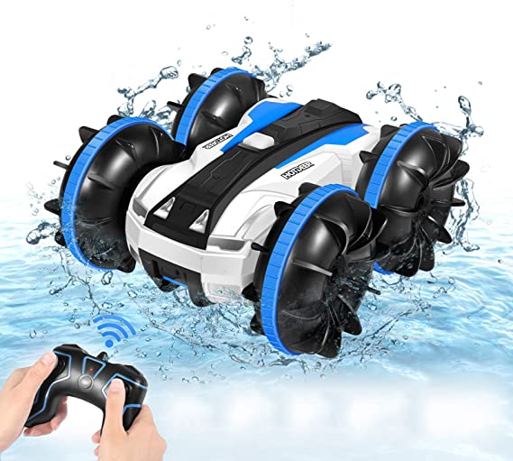 Remote Control Car, Amphibious 4WD 2.4Ghz RC Cars Stunt Car Toy Double Sided 360° Rotating RC Cars with Headlights, Kids Xmas Toy Cars Boats for Boys & Girls (1/20 Scale)