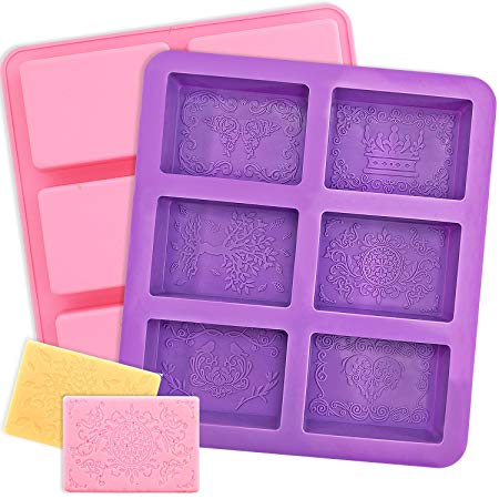 YGEOMER Silicone Soap Mold, 2pcs 6-Cavity Square Baking Molds for Making Soaps, Ice Cubes, Jelly (A) (Purple & Pink, Square)