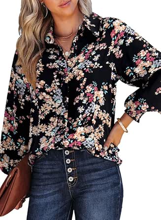 Dokotoo Women's Casual V Neck Allover Floral Print Long Sleeve Chiffon Button Down Blouses Bohemian Top Shirts