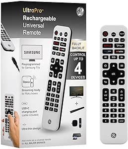 GE Rechargeable TV Remote Control, Universal Remote Control, Backlit Buttons, Samsung TV Remote Control Replacement for Smart TVs, Apple TV, Sony, Roku Replacement Remote, LG TV, 4-Device, 80984