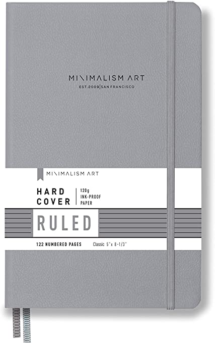 Minimalism Art, Premium Hard Cover Notebook Journal, Small, Classic 5" x 8.3", Wide Ruled 7mm, Gray, 122 Numbered Pages, Gusseted Pocket, Ribbon Bookmark, Ink-Proof Paper 120gsm, San Francisco