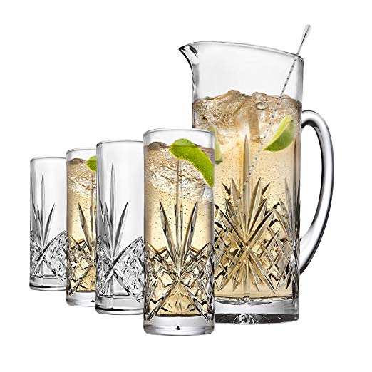 Godinger Barware Beverage Set - Mixing Pitcher Carafe, Stirrer and 4 Collins Tall Drinking Glasses - Dublin Collection