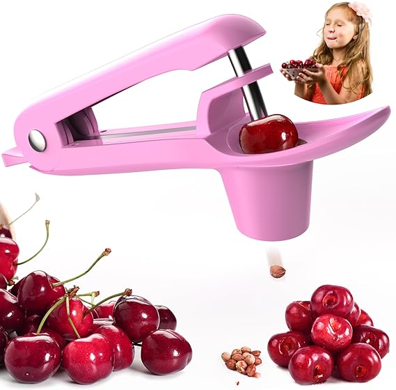 Cherry Pitter Tool Cherries Corer Pitter Tool Stainless Steel Fruit Pit Remover for Cherry Jam with Lock Design-Pink