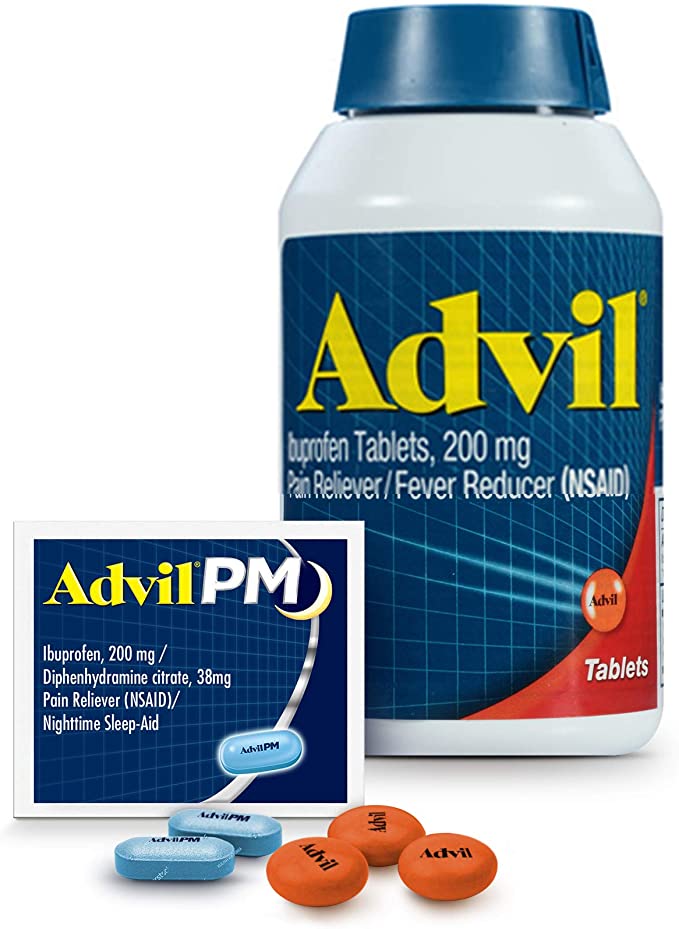 Advil 200 Mg Ibuprofen, Pain Reliever and Fever Reducer - 300 Caplets   Advil PM 25 Mg Diphenhydramine, Sleep Aid and Nighttime Pain Reliever - 2 Packets