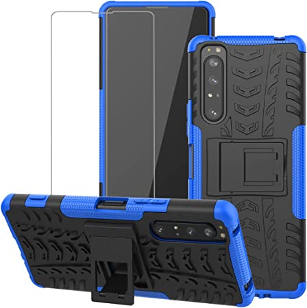 Jhxtech for Xperia 1 II Case, Sony 1 II Case with Tempered Glass Screen Protector, [Kickstand] [Heavy Duty Protection] [Dual Layer] Hybrid Shock Proof Protective Case for Sony Xperia 1 II (blue)