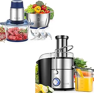 KOIOS Centrifugal Juice Extractor with Extra Large 3inch Feed Chute   Electric Food Processor with 2 Bowls (8 Cup 8 Cup) & 2 Sets Bi-level Blades