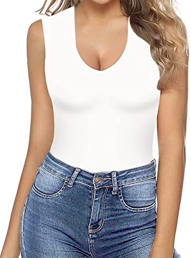 MANGOPOP Double Lined Sleeveless V Neck Tank Tops Fashion Bodysuits for Women