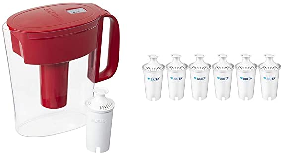 Brita Water Pitcher with 1 Filter, 5 Cup, Red & 35557 Replacement Filters for Pitchers and Dispensers, 6 Count